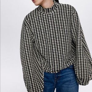 Zara Houndstooth Sweater with Statement Blouson Sleeves